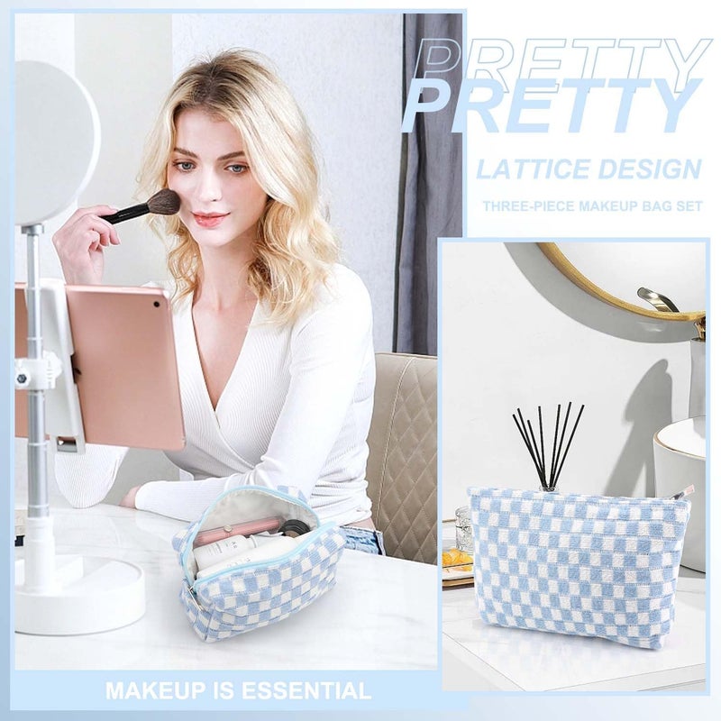 EIMMBD Makeup Bag 3 Pieces Large Capacity Checkered Cosmetic Bag Canvas Travel Toiletry Bag Organizer Cute Makeup Bag Pouch Storage Bag for Women(Blue) - Image 5